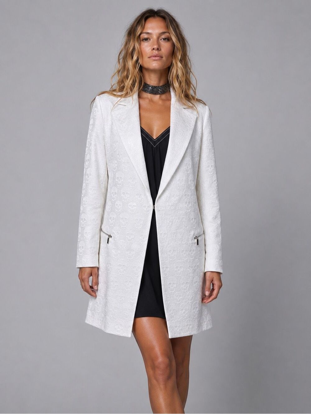 NWT Thomas Wylde Skull Jacquard Long Blazer Coat White Size 6 (081)